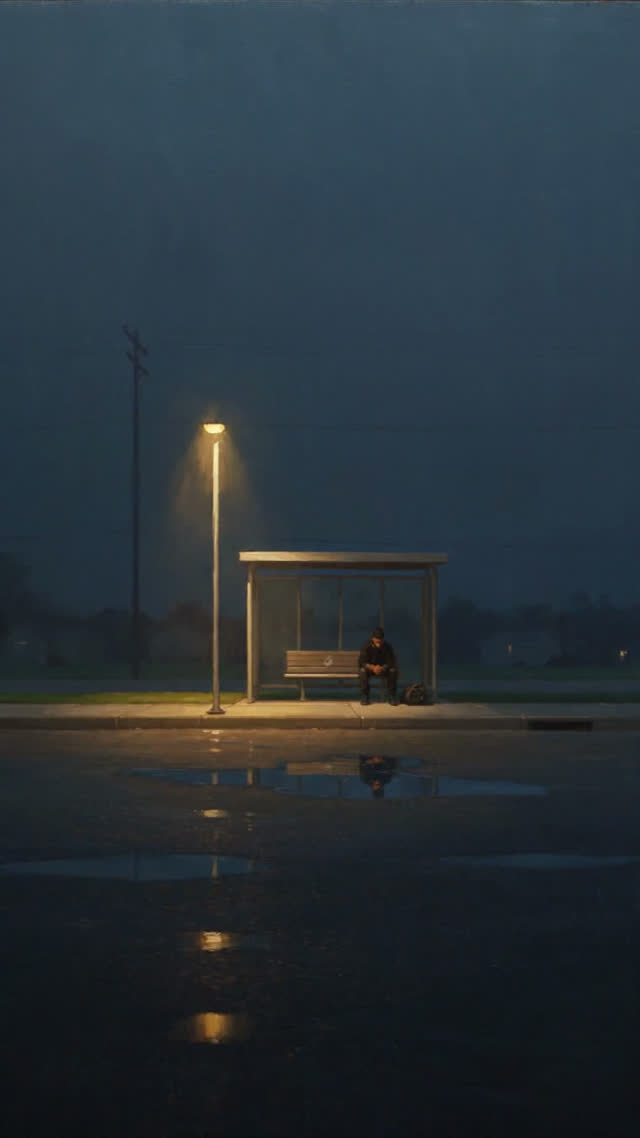 The comic cover — a man alone at a bus stop before dawn.