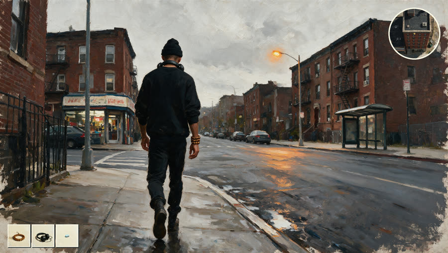 A first-look game frame — walking the block, item slots and a painted minimap.