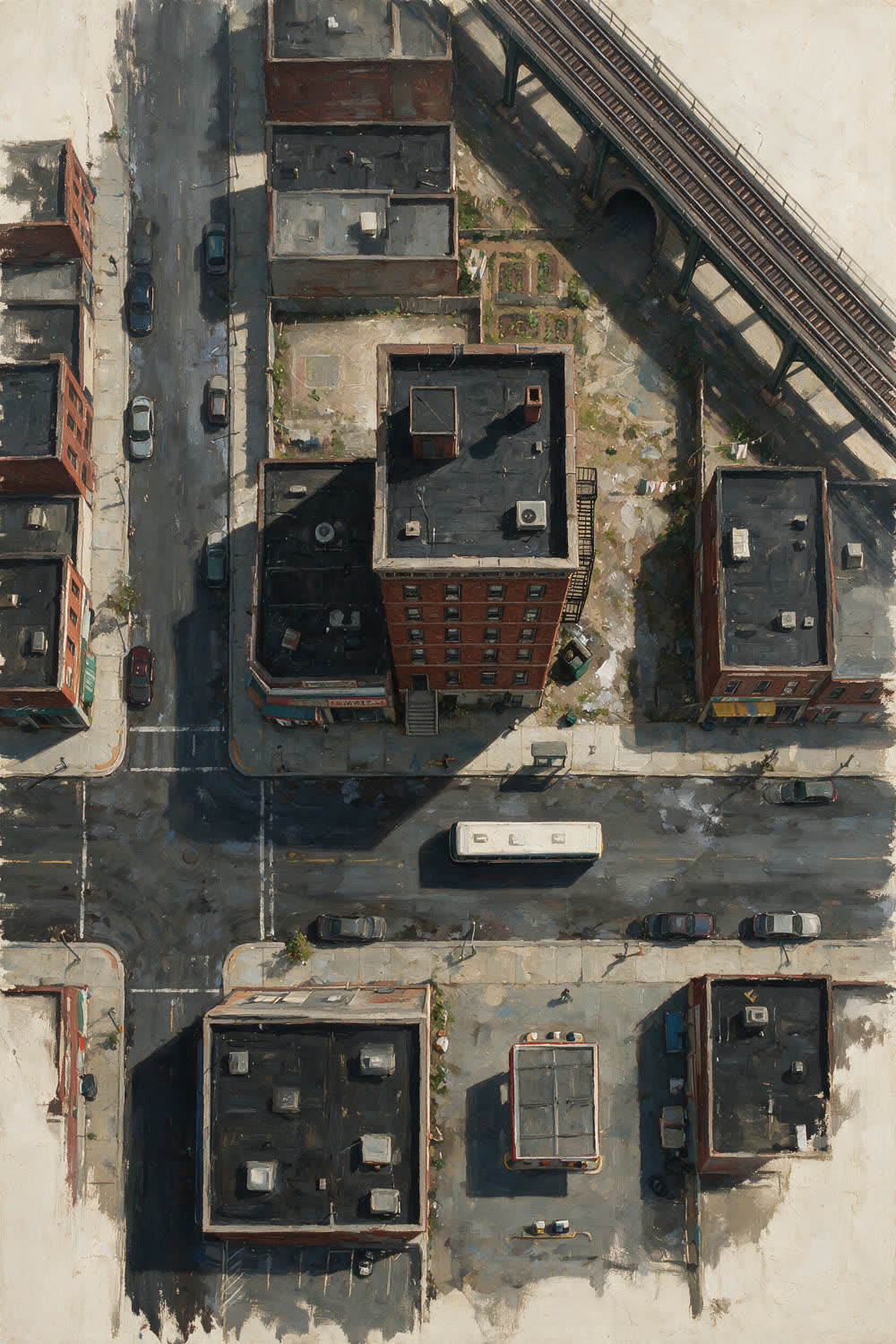 A painted top-down map of the neighborhood.
