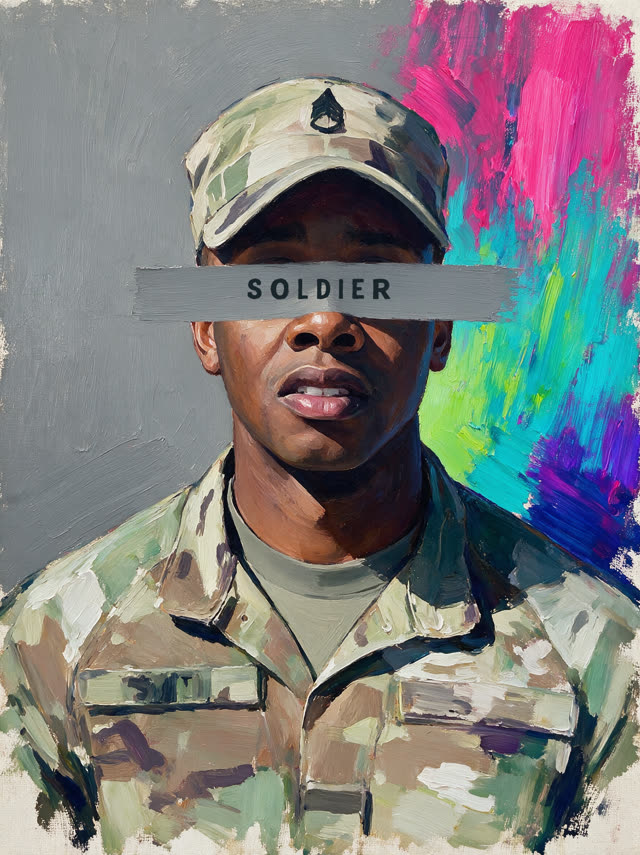 A painted portrait of Keven Smith in uniform, a grey label across his eyes reading SOLDIER.