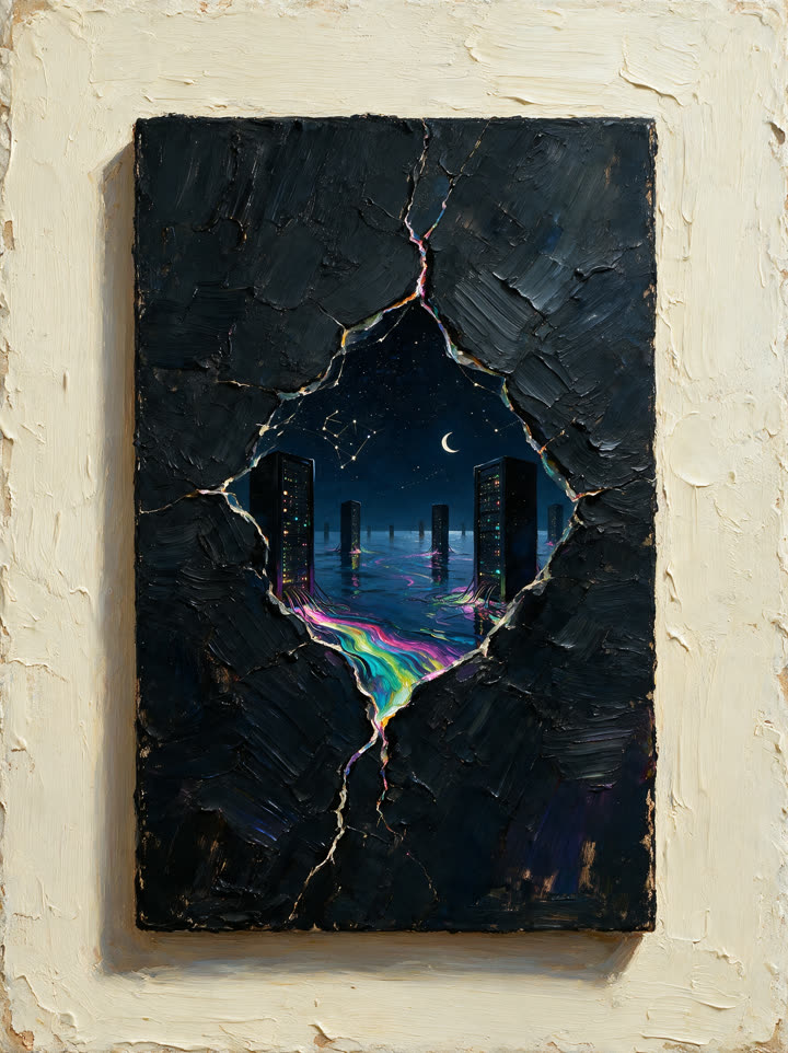 Black impasto torn open on a night sea of server towers and a spectrum current.